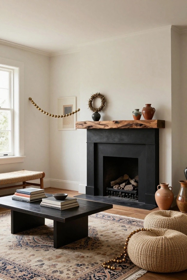 Living room interior with white walls, black wood fireplace mantel holding assorted pottery vases and a wheaten wreath, gold beaded garland draped from window to mantel, low black coffee table with books, rattan poufs, and Persian rug on wood floor.