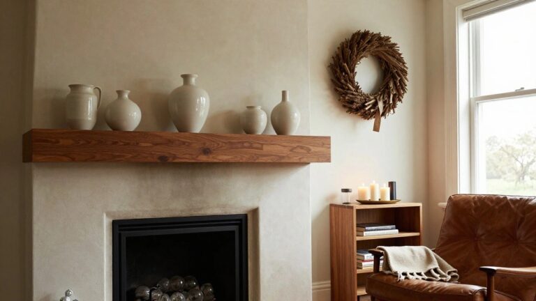 Living room interior with a plaster fireplace featuring an asymmetrical wooden mantel decorated with two ceramic vases, candles on a gold dish, a wheat wreath above, and clustered glass ornaments on the hearth, alongside bookshelves and neutral furniture.