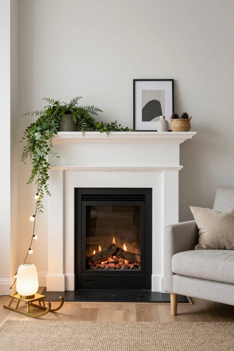 White fireplace mantel with asymmetrical trailing green garland and fairy lights draped down the left side, burning gas fire, potted plant and pinecones on mantel, abstract framed art nearby, beige sofa, gold sleigh on floor, and neutral room tones.