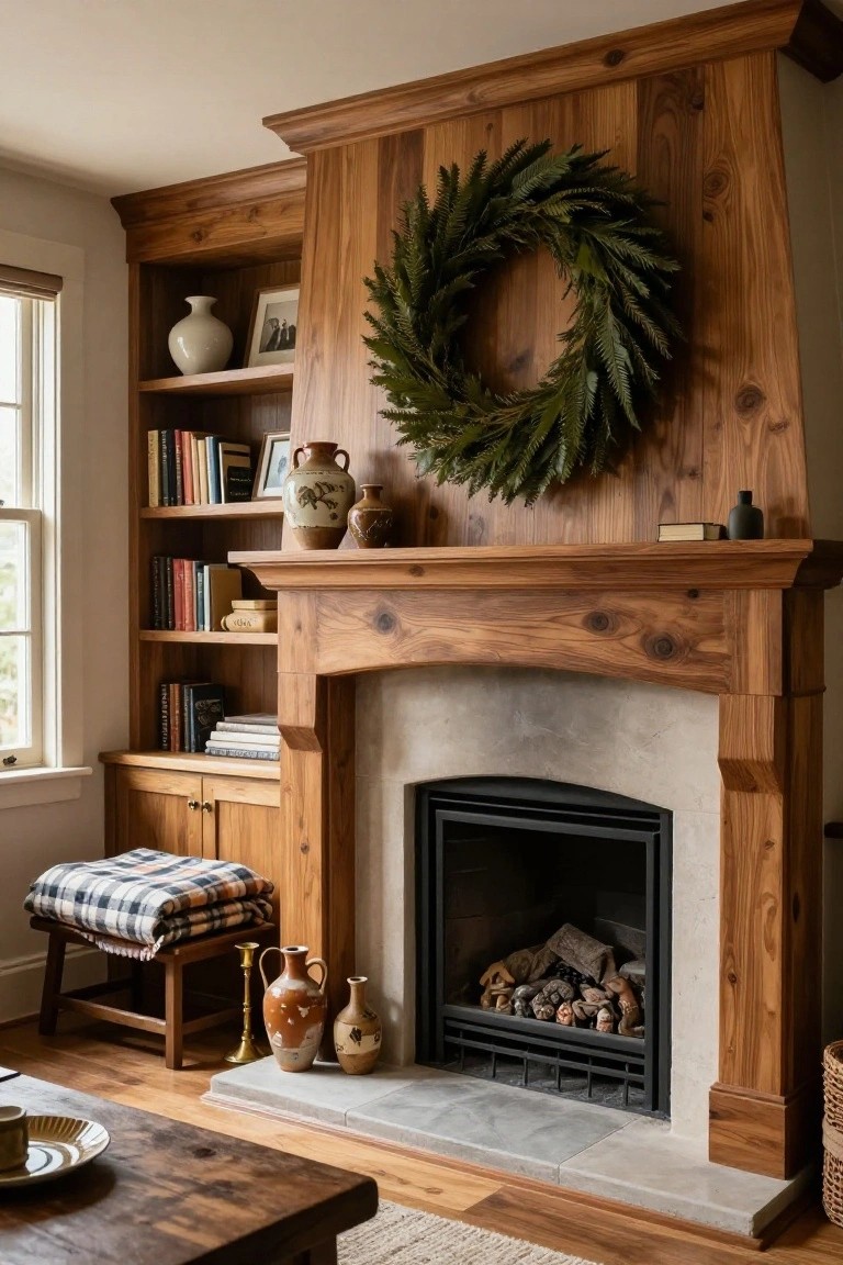 Wood-paneled fireplace surround with built-in bookshelves holding books and pottery, a large asymmetrical green evergreen wreath hung high on the wood above the mantel, a gas fire burning in the hearth, and nearby wooden stool and table.