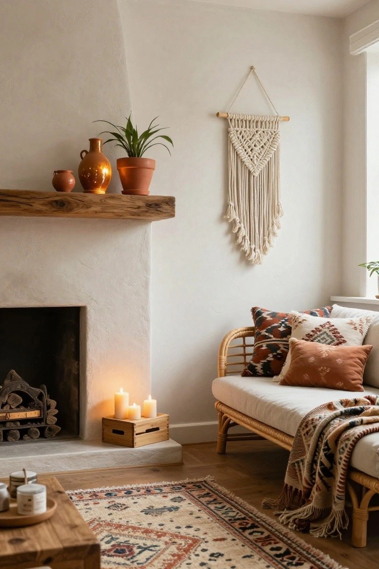 White plaster fireplace with rough wood mantel holding three terracotta pots and a golden vase on the right side, macrame wall hanging to the right, rattan daybed with patterned pillows and throw in foreground, candles on hearth, patterned rug on wood floor.