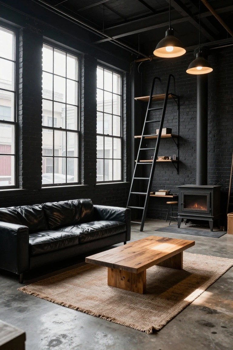 A spacious living room with black brick walls, large factory windows, black ladder shelving unit, black leather sofa, wooden coffee table on concrete floor, and black stove.
