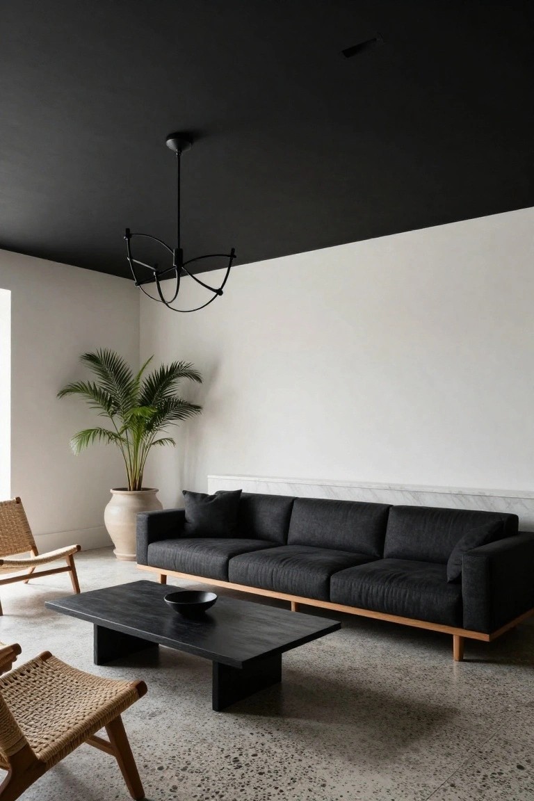 Contemporary living room with black ceiling and walls transitioning to white walls, dark gray sofa, two rattan chairs, black rectangular coffee table with black bowl, large potted palm plant in corner, and black branched pendant light.