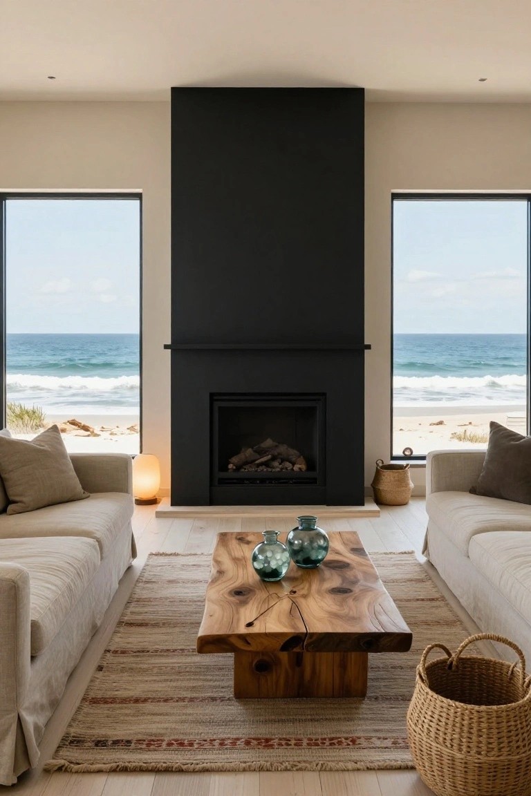 Modern living room featuring a tall black feature wall with inset gas fireplace, flanked by large floor-to-ceiling windows overlooking a beach and ocean, beige linen sofas, live-edge wood coffee table with blue glass vases, woven rug, and seagrass basket.