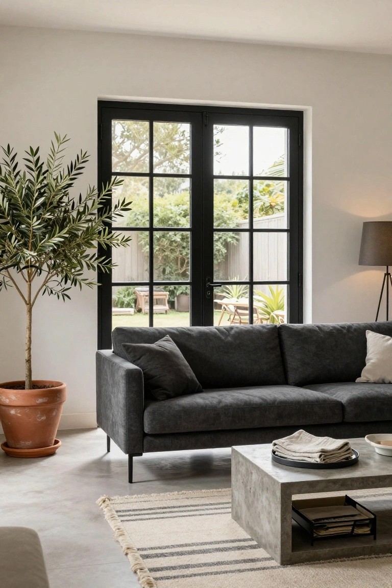 Modern living room with black metal framed glass double doors to backyard garden, gray fabric sofa, potted olive tree, concrete coffee table, lamp, and striped rug on polished concrete floor.