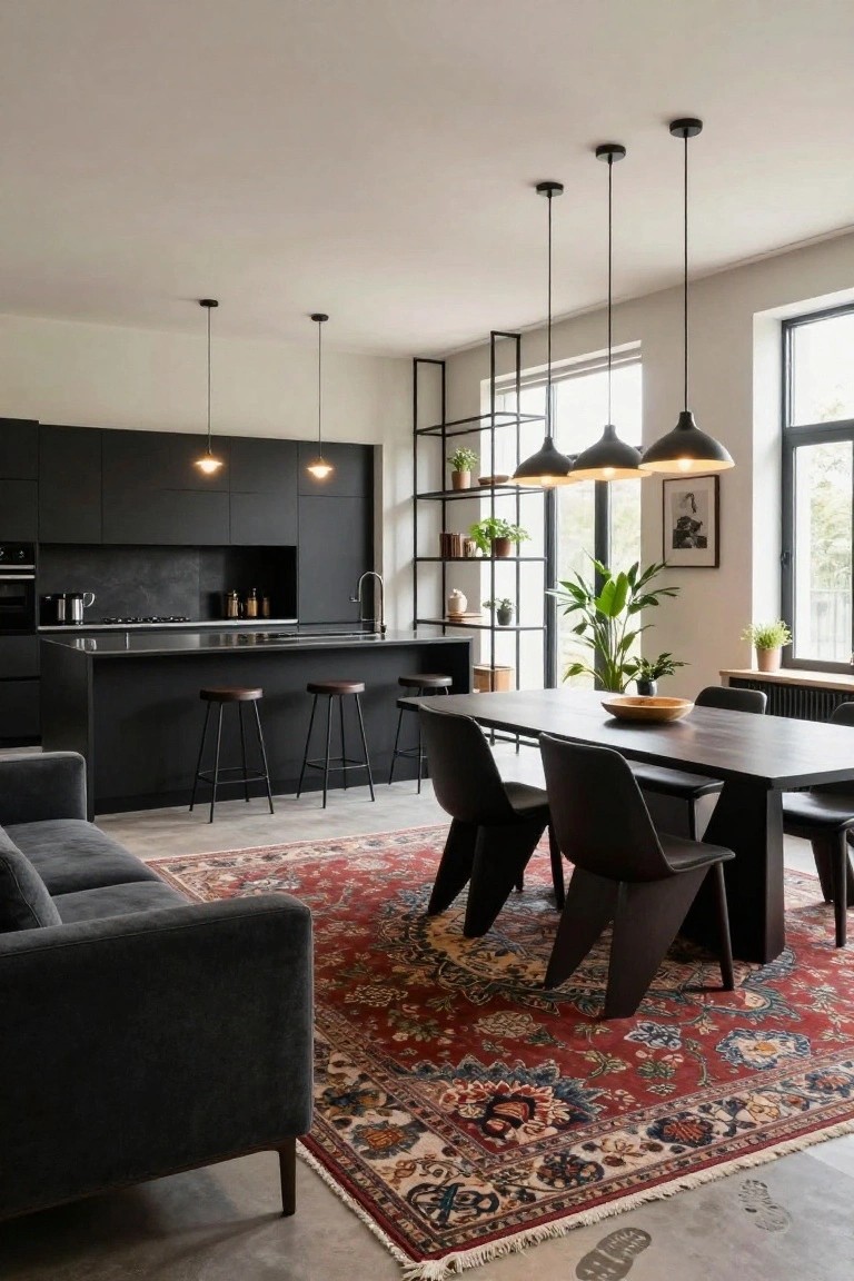Open-plan interior with black matte kitchen cabinets and island, wooden bar stools, dark wood dining table with black chairs, gray sofa, red and blue Persian rug on concrete floor, metal shelving unit, plants, and large windows.