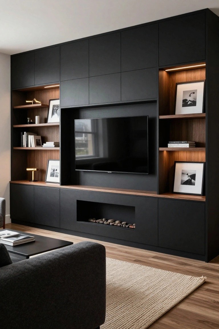 Modern living room with tall black built-in cabinetry wall unit featuring a centered TV, open walnut wood shelves with books and art, LED strip lighting, and a slim linear gas fireplace at the base, next to a gray sofa on wood flooring.