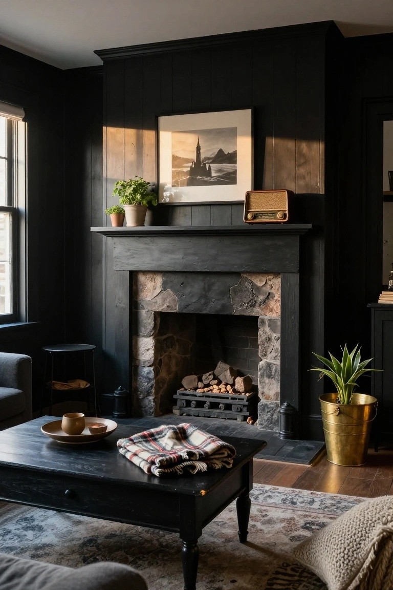 A living room with black shiplap paneled walls, black wood mantel over a stone fireplace with logs, black coffee table holding a plaid blanket and ceramic dishes, gray armchair, plants, and a vintage radio on the mantel shelf.