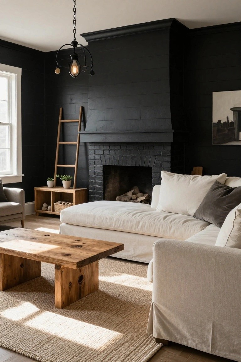Living room with black shiplap walls, black brick fireplace stacked with logs, wooden ladder leaning nearby with plants on a low console table, white slipcovered L-shaped sofa, and rough-sawn wood coffee table on a light seagrass rug.