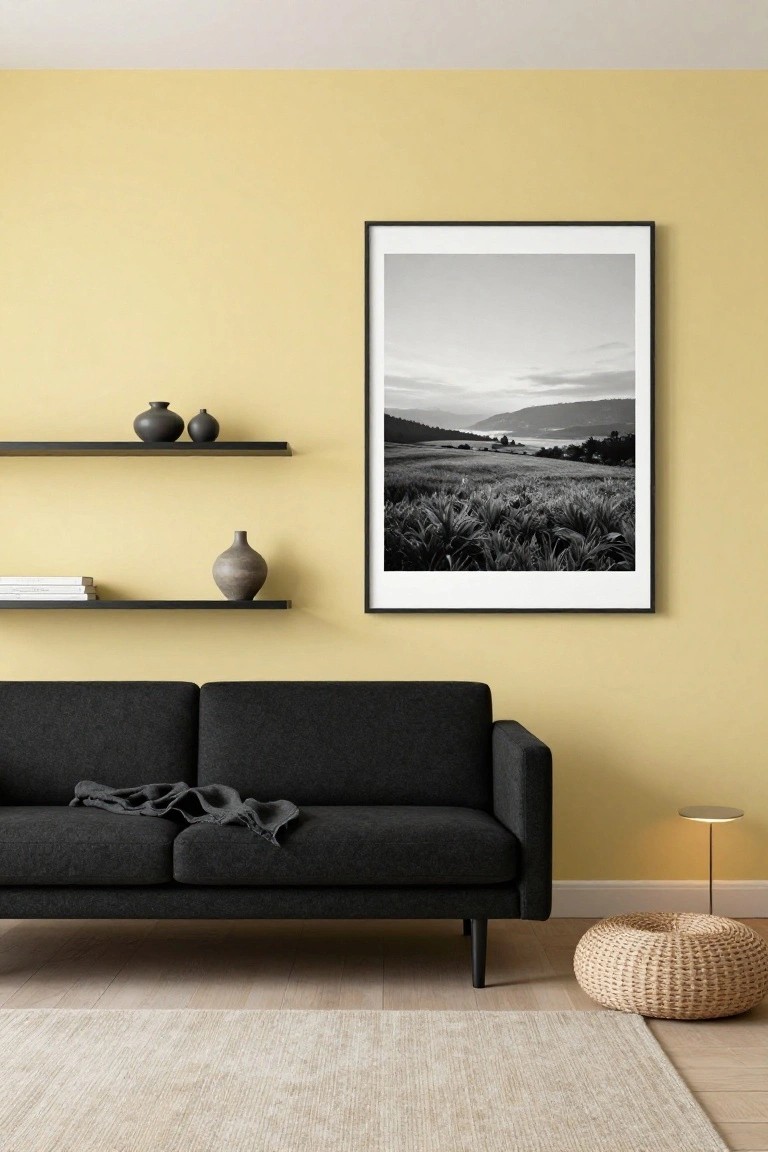 Modern living room with pale yellow walls, black two-seater sofa with gray throw, black floating shelves with pottery vases and stacked books, large black-framed black-and-white landscape photo, brass table lamp, woven pouf stool, and light rug on light wood floor.
