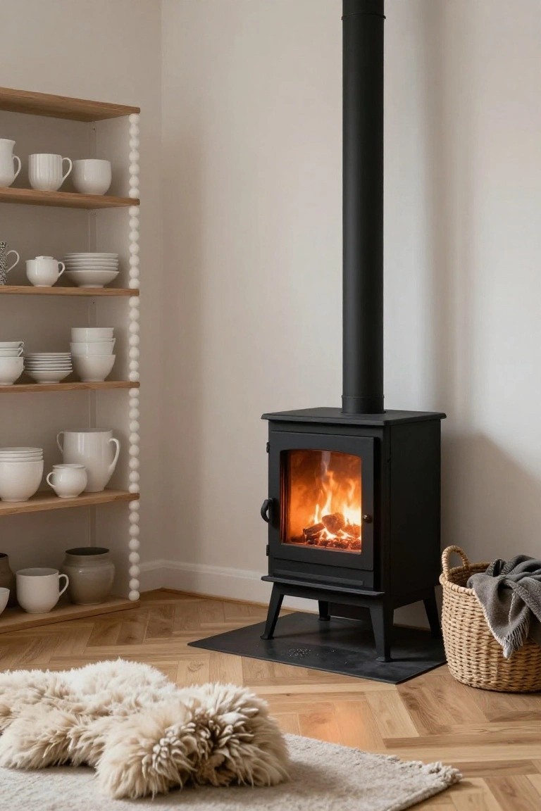 Corner of a living room with a black freestanding wood stove showing orange flames, wooden shelves holding white ceramic dishes and pitchers, a white fluffy sheepskin rug on herringbone oak floors, and a wicker basket with gray blanket.