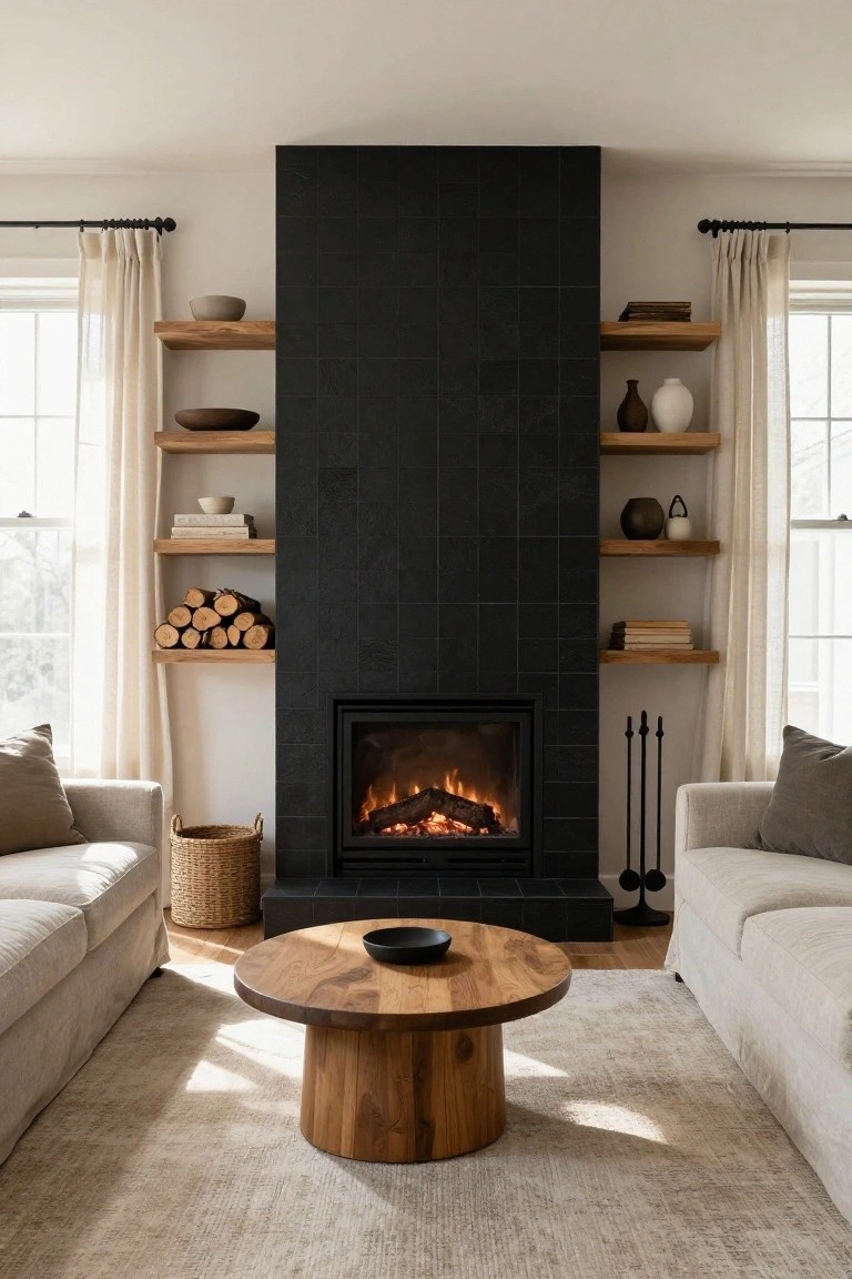 Living room with tall black square-tiled fireplace wall, floating wooden shelves holding pottery, books, and firewood stacks on both sides, paired cream sofas, round wooden coffee table, woven basket, and sheer curtains on large windows.