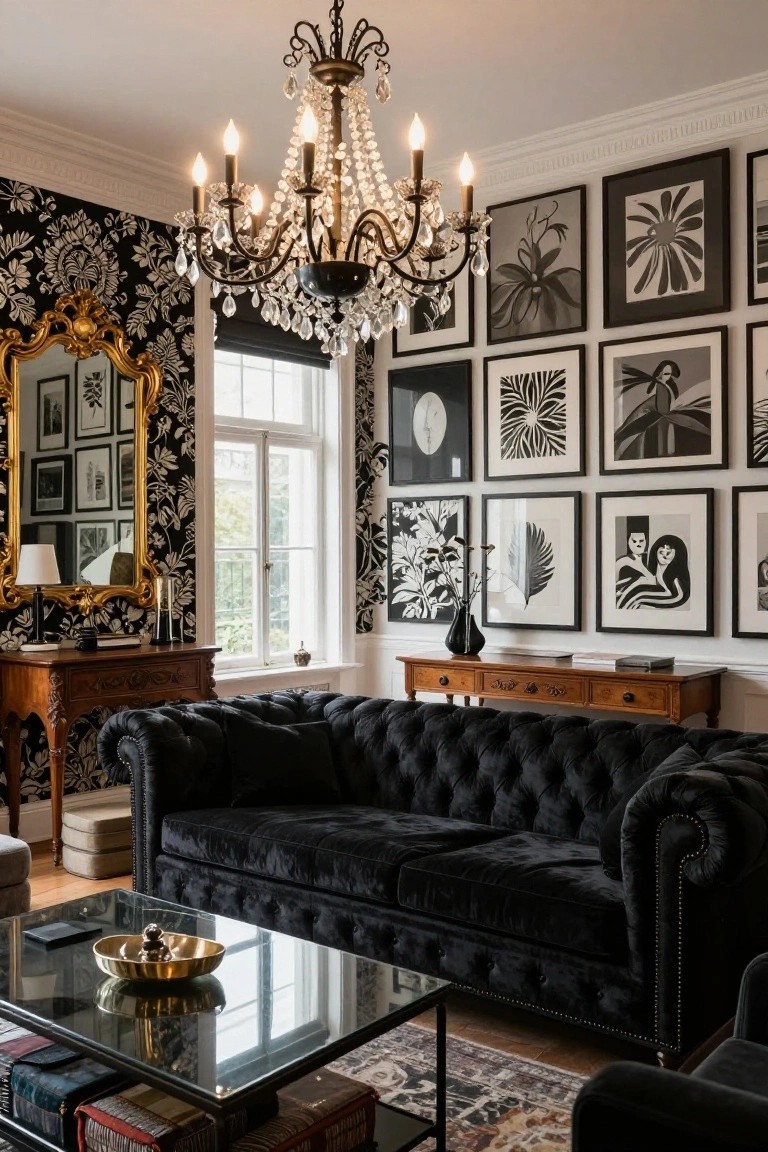 A living room with black damask-patterned wallpaper, a black velvet tufted Chesterfield sofa, crystal chandelier, gold mirror, wooden sideboard, glass coffee table, and gallery wall of black and white abstract art prints.