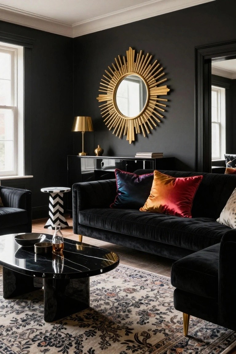 Black-walled living room with black velvet L-shaped sofa piled with colorful satin pillows in purple, orange, and red, gold sunburst mirror on wall, black marble coffee table, and gold lamp.
