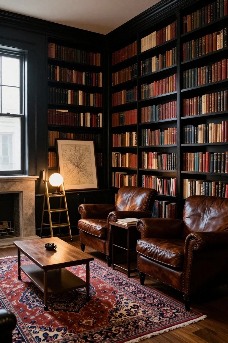 Dark library room with black walls and extensive bookshelves, two brown leather armchairs around a low wooden coffee table on a red Persian rug, gold ladder lamp beside a framed map, and marble fireplace.