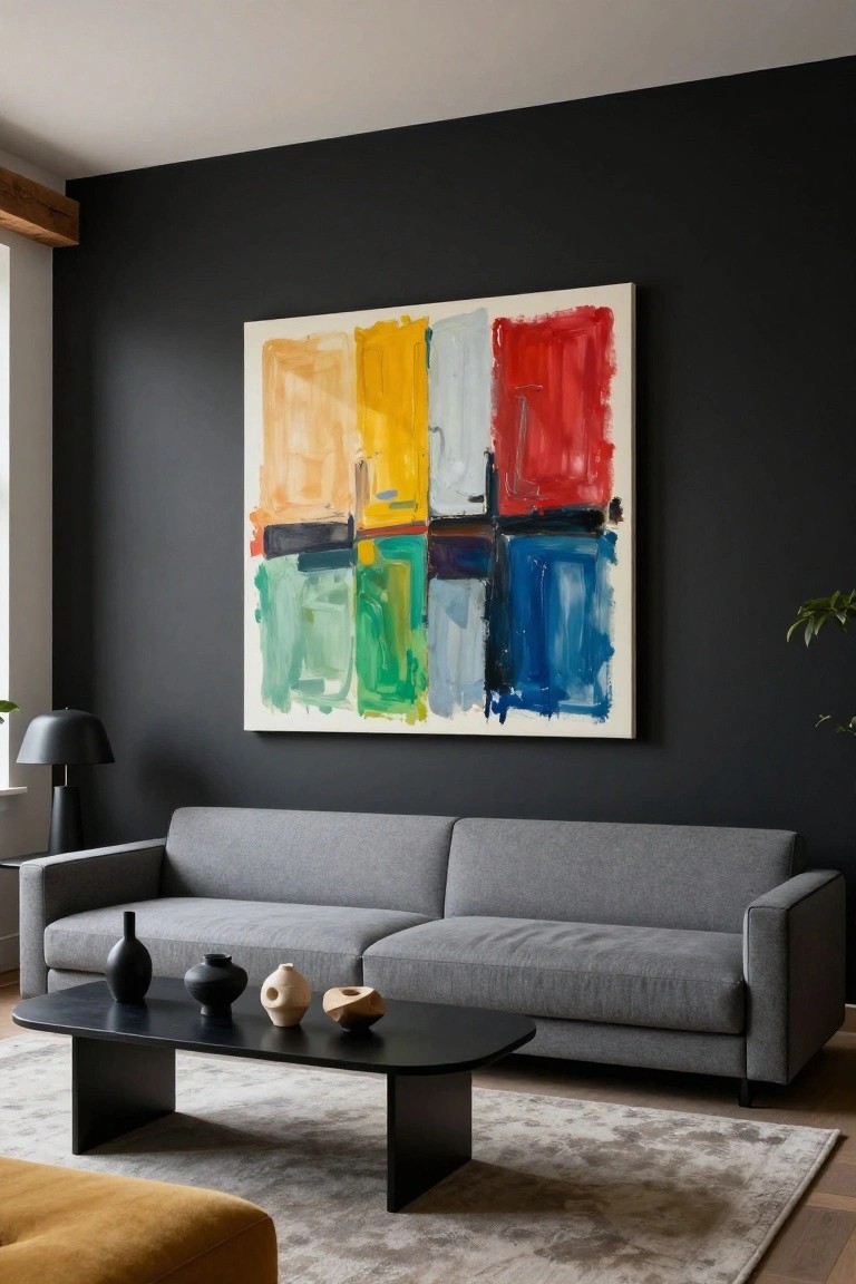 Modern living room with a large colorful abstract painting on a black wall, gray sofa, black coffee table holding ceramic vases and sculptures, mustard pouf, floor lamp, and light rug on wood floor.