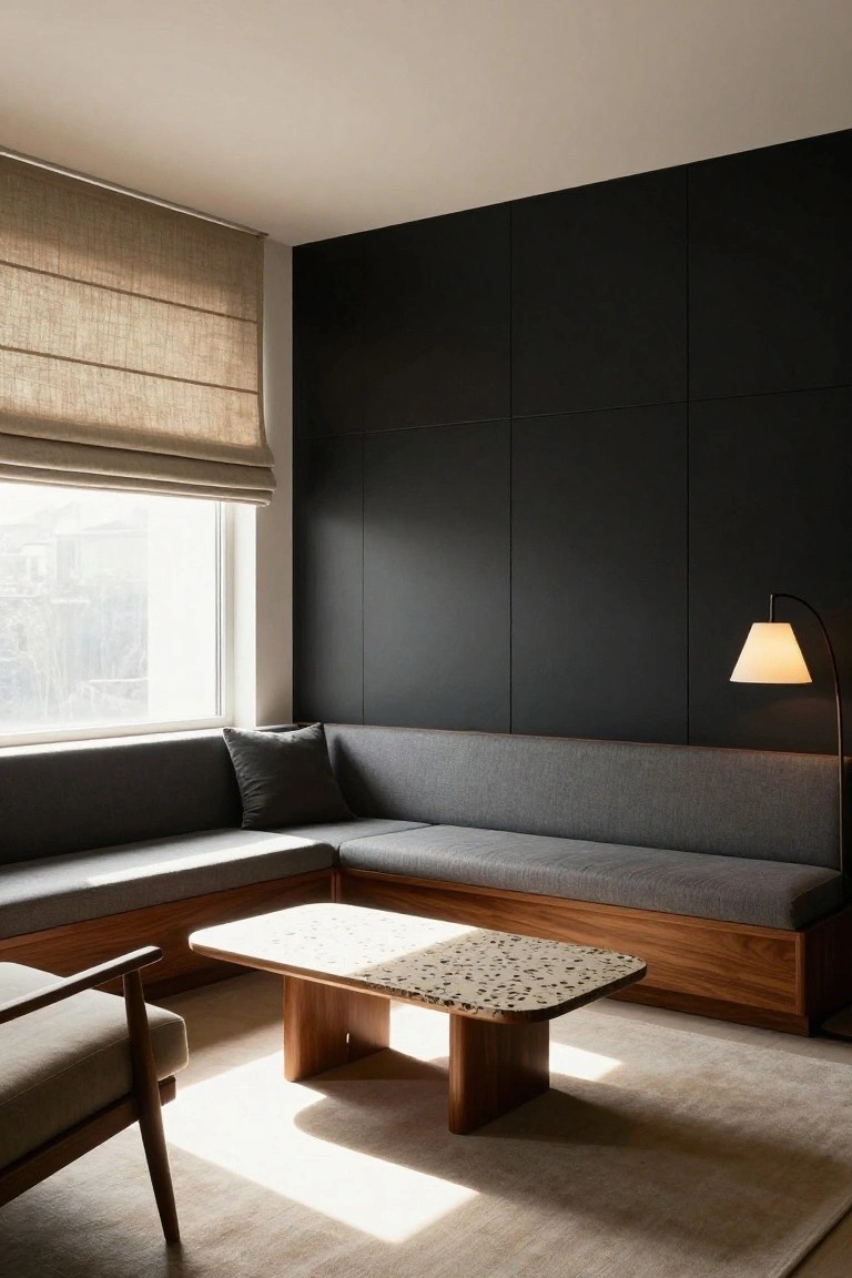 Living room corner featuring black paneled wall, built-in gray L-shaped bench, wood coffee table with terrazzo top, arc floor lamp, and large window with linen roman shades.