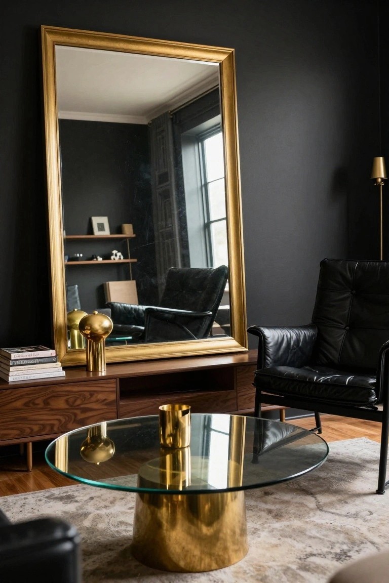 Black-walled living room with a large gold-framed mirror, black leather chairs, gold lamps, stacked books, wood media console, glass coffee table with gold base, and a patterned rug.