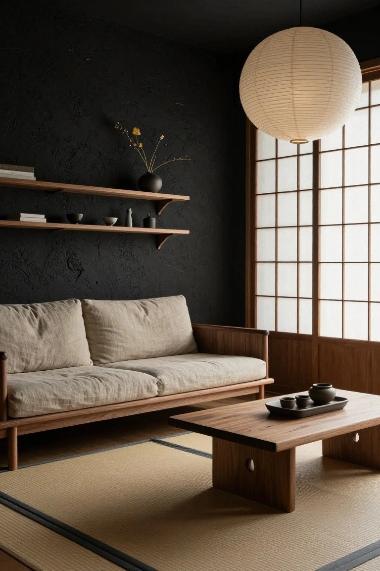 Black textured wall living room featuring wooden floating shelves with books and pottery, beige linen low sofa, wooden low table with teapot and cups on tatami rug, shoji screen window, and large hanging paper lantern.