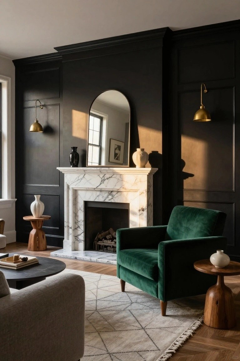 Living room with black paneled walls, white marble fireplace mantel, emerald green velvet armchair, black round coffee table, beige sofa, wooden side tables, gold sconces, and herringbone wood floors.