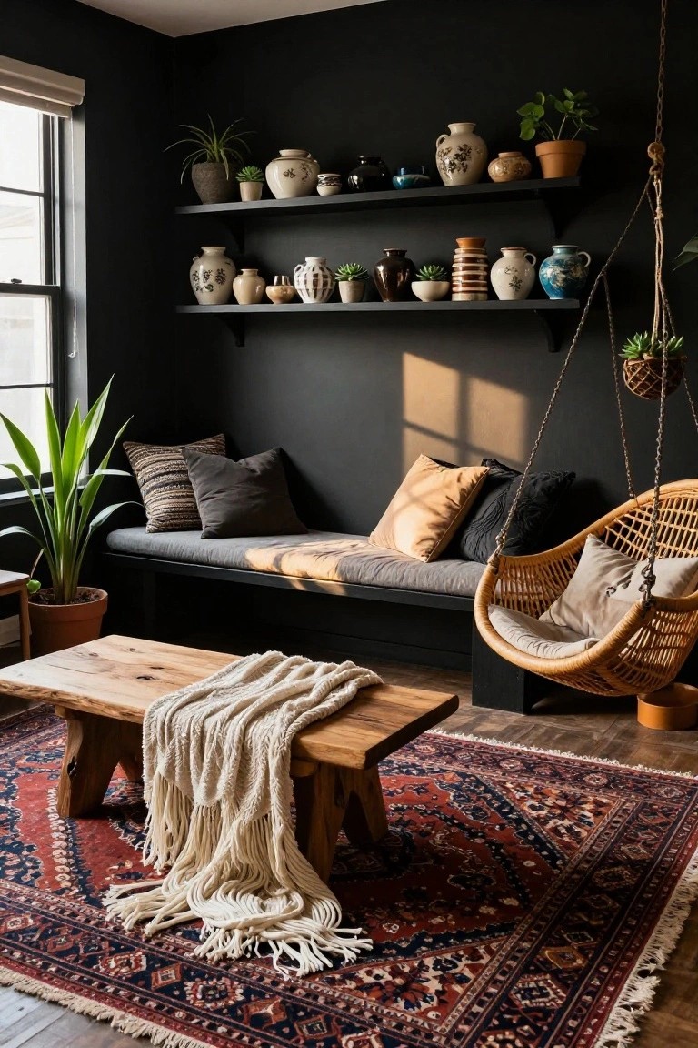 Black-walled living room with floating shelves displaying assorted pottery vases, jars, and potted plants, a cushioned bench seat, hanging rattan chair with pillows, rustic wood coffee table with white knit throw, large potted plants, and red Persian-style rug.