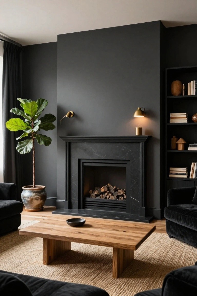 A living room with charcoal gray walls, black marble fireplace containing firewood, oak coffee table with black bowl, black velvet sofas, large potted ficus tree in terracotta pot, gold wall sconce, and built-in shelves holding books and ceramics on beige rug.