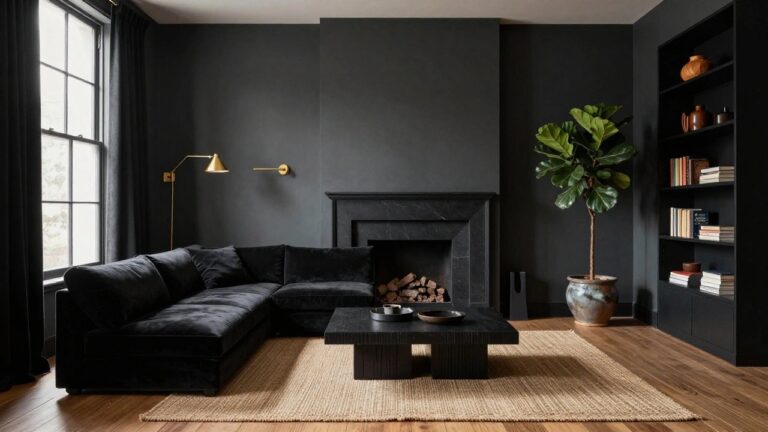 A living room with charcoal gray walls, black marble fireplace containing firewood, oak coffee table with black bowl, black velvet sofas, large potted ficus tree in terracotta pot, gold wall sconce, and built-in shelves holding books and ceramics on beige rug.