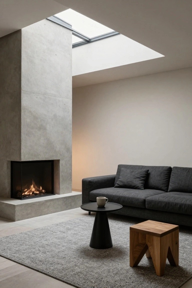 Modern living room with tall raw concrete wall featuring built-in gas fireplace, black L-shaped sofa, black cone-shaped side table holding a white mug, wooden triangular stool, gray rug, and light wood floors under skylight.