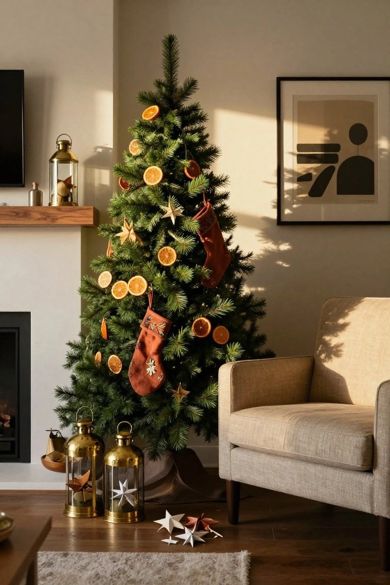 A wooden mantel above a fireplace displays two brass lanterns and a glass cloche containing a star-shaped ornament, beside a Christmas tree adorned with dried orange slices and gold stars in a light beige living room with a armchair nearby.