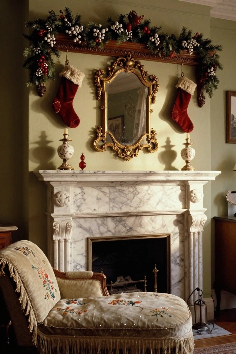 Marble fireplace mantel decorated for Christmas with evergreen garland strung with berries and white beads, two red velvet stockings hanging from hooks, porcelain candlesticks, and a gold-framed mirror above in a green-walled room.