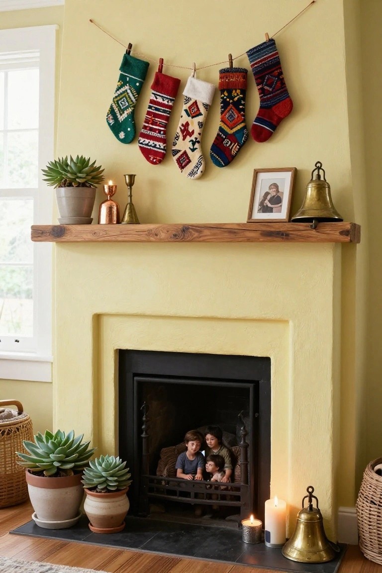 Pale yellow living room fireplace mantel with wooden shelf holding brass bells, candles, plants, and a small framed photo, colorful knitted Christmas stockings hung on a clothesline string above, and family seated by the fire inside the hearth.