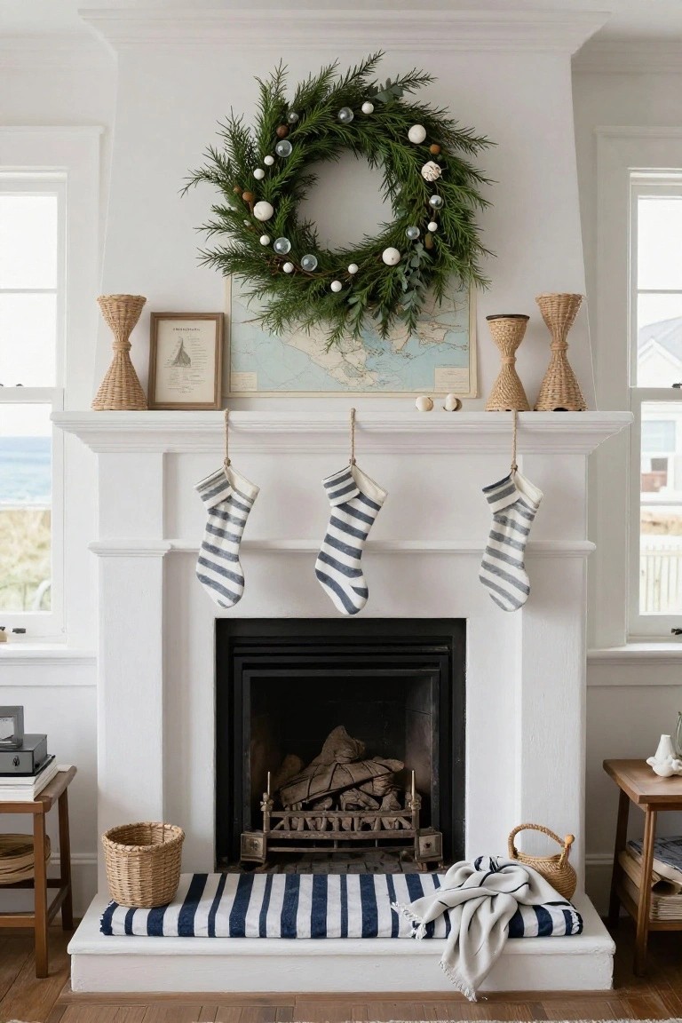 White fireplace mantel decorated with green evergreen wreath and white ornaments above three navy and white striped Christmas stockings hanging on hooks, with woven accents and ocean view windows in a living room.