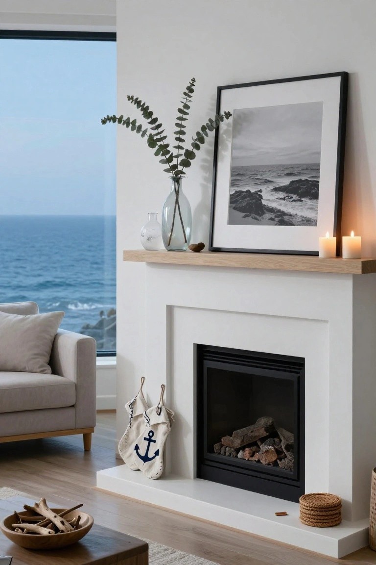 White modern fireplace mantel displaying eucalyptus in a vase, black and white seascape photo, two candles, and a small shell, with two nautical anchor Christmas stockings hanging nearby and ocean view through adjacent window.