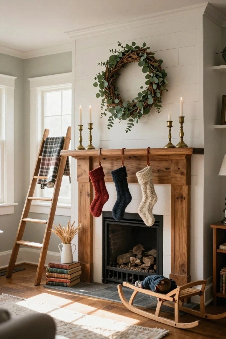 Rustic wooden fireplace mantel with red, navy, and cream knit stockings hanging from leather straps, eucalyptus wreath above, candles on brass holders, ladder with plaid blanket nearby, and rocking sled with baby in a light-filled living room.
