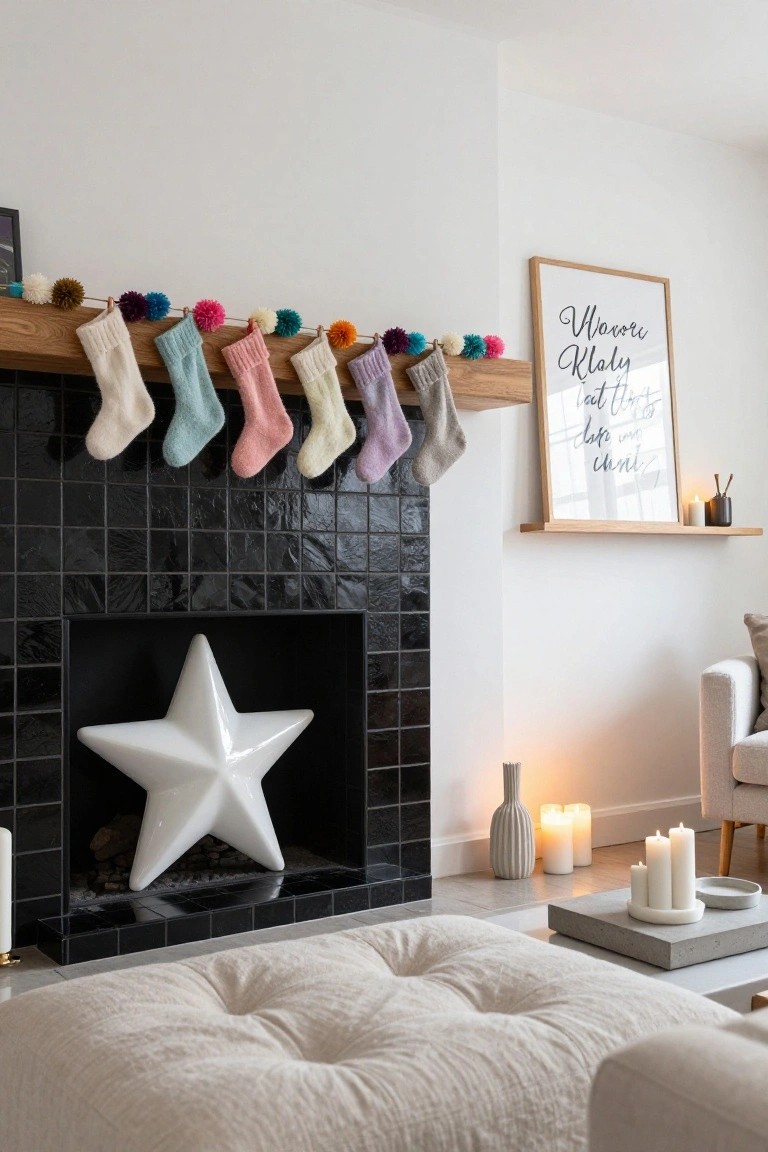 Wooden mantel above black brick fireplace lined with colorful knit stockings in pastel shades connected by pom-pom garlands, white star sculpture in hearth, candles on floor and tray nearby.