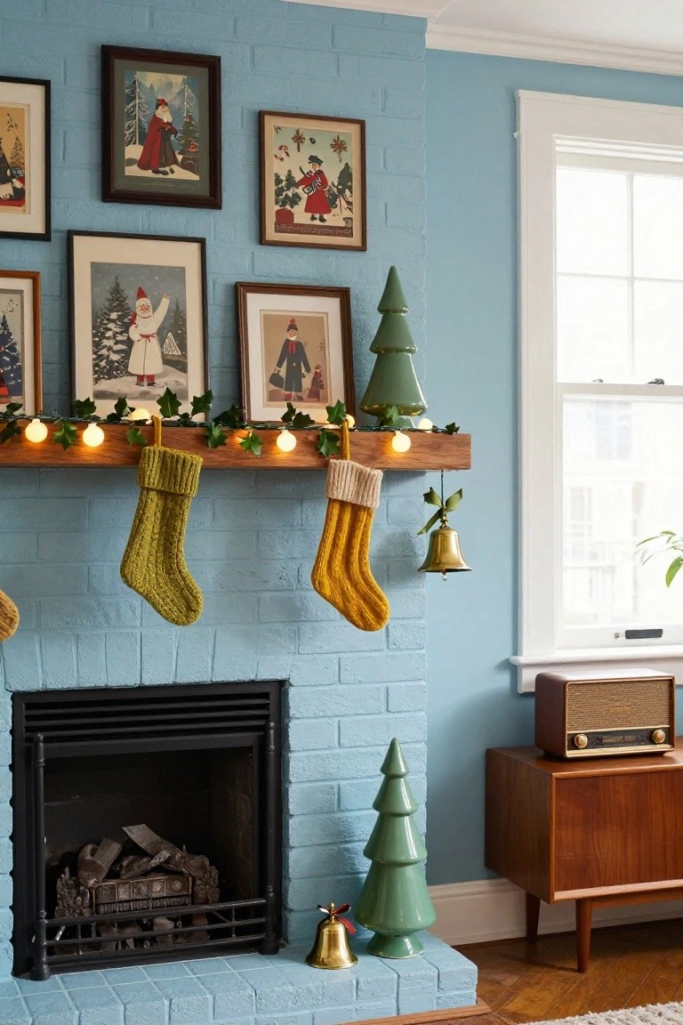 Blue brick fireplace with wooden mantel holding olive green and mustard yellow knit Christmas stockings, ivy garland with white lights, small green ceramic trees, brass bells, vintage framed art on walls, and a retro wooden radio on a mid-century side table.