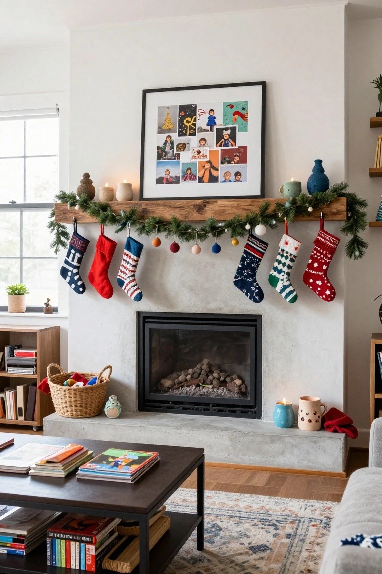 White stone fireplace mantel with rustic wooden beam supporting colorful patterned Christmas stockings in navy, red, blue, green, and white, evergreen garland with ornaments and baubles, candles on the shelf, and a framed collage of family photos above.