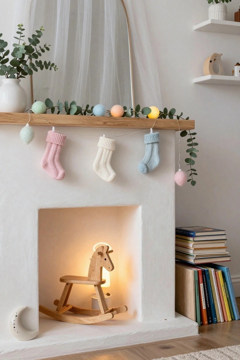 White brick fireplace with wooden mantel holding pastel knit stockings in pink, white, and blue, eucalyptus garland with fairy lights and felt balls, wooden rocking horse inside hearth, stacked books nearby, plants on floating shelves, and moon decoration on floor.