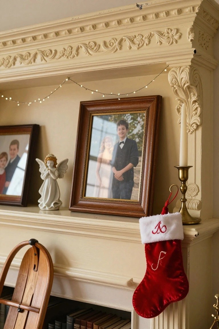 Ornate cream-colored fireplace mantle decorated for Christmas with string lights, two framed family photos, a white angel figurine, brass candlestick, monogrammed red and white stockings, and a wooden sled leaning nearby.