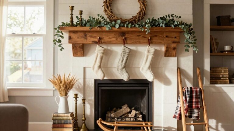 Rustic wooden fireplace mantel with red, navy, and cream knit stockings hanging from leather straps, eucalyptus wreath above, candles on brass holders, ladder with plaid blanket nearby, and rocking sled with baby in a light-filled living room.