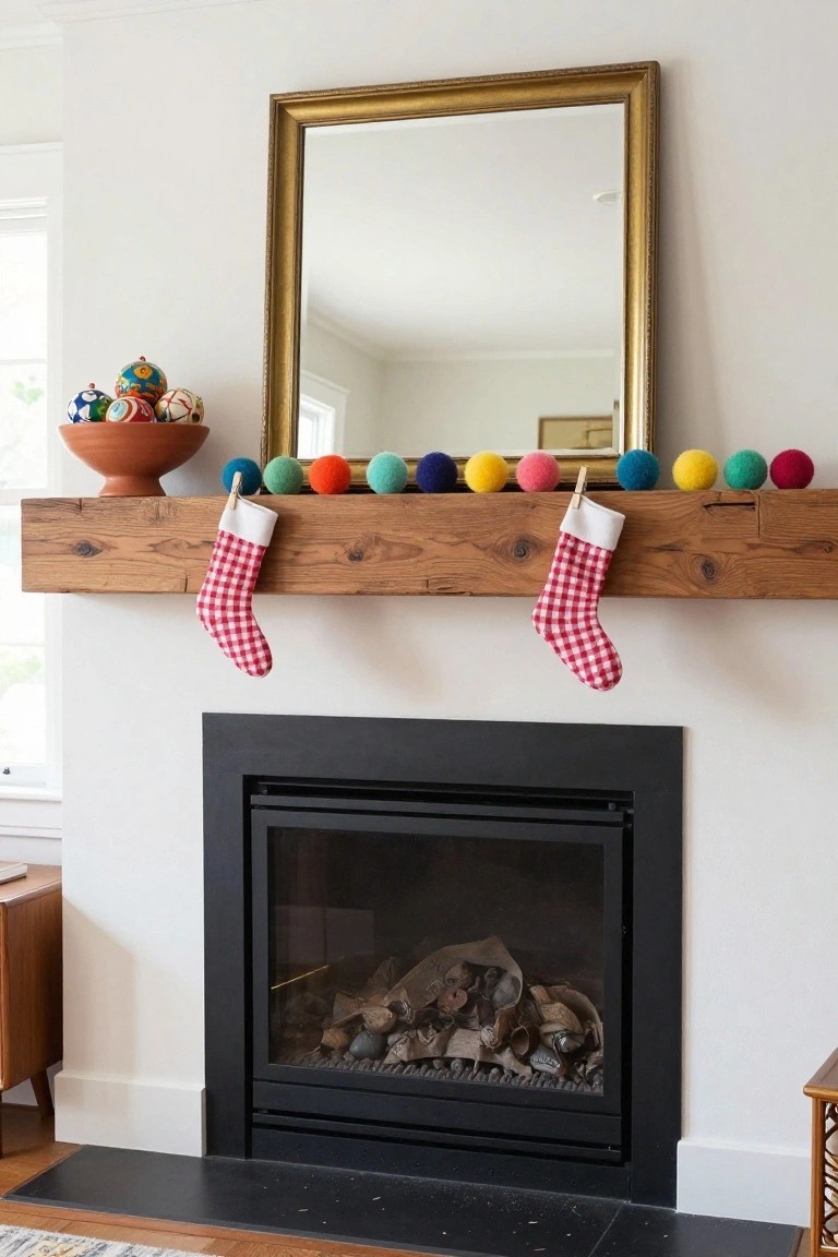 Rustic wooden mantel above a black fireplace framed with colorful pom-poms garland clipped along it, red plaid stockings hanging from clips, terracotta bowl of assorted ornaments on one end, and gold-framed mirror above in a white interior room.