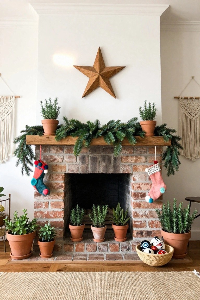 Holiday Mantel with Garland and Potted Plants
