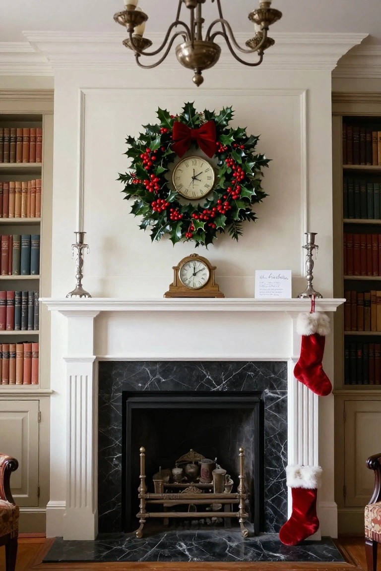 White mantel over black marble fireplace in a room with bookshelves on both sides, centered holly wreath around a round clock flanked by candlesticks and stockings, small note card nearby, chandelier overhead.