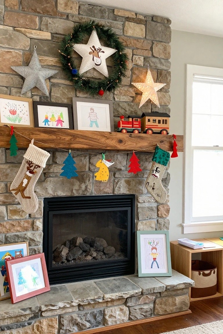 Stone fireplace mantel with wooden beam holding a red toy train, framed children's drawings of holiday scenes, knit stockings with reindeer motifs, hanging fabric ornaments like trees and ducks, and a wreath with star above.