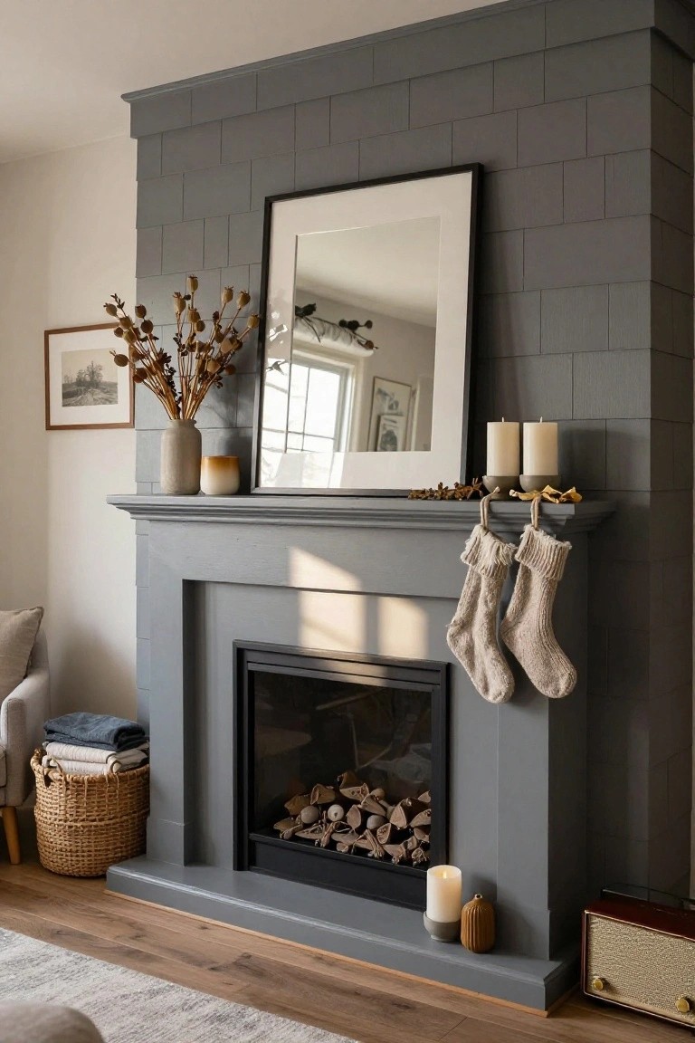 Gray tiled fireplace mantel with gas fire burning, decorated with two white knit stockings, beige candles, neutral pottery, dried flowers in a tall vase, small artworks, and a large mirror above, in a light room with wood floors, armchair, and woven basket nearby.