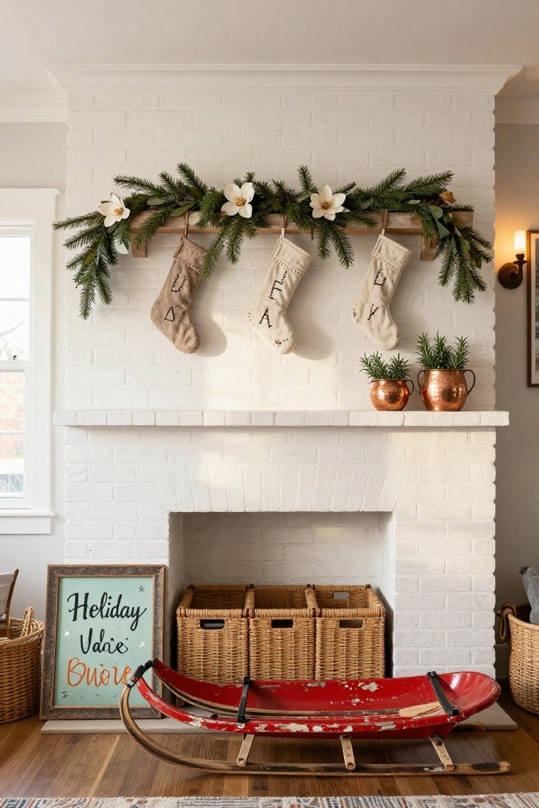 White brick fireplace mantel with wooden beam holding green garland and magnolia flowers, neutral fabric stockings hanging from it, copper pots holding rosemary plants on the shelf, stacked wicker baskets nearby, and a red vintage sled leaning in front.