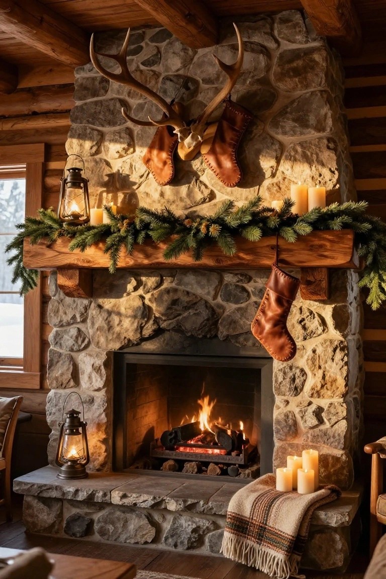 Stone fireplace in a log cabin interior decorated for Christmas with pine garland on the wooden mantel, antlers with leather stockings, multiple lanterns and candles, and a plaid blanket on the hearth.