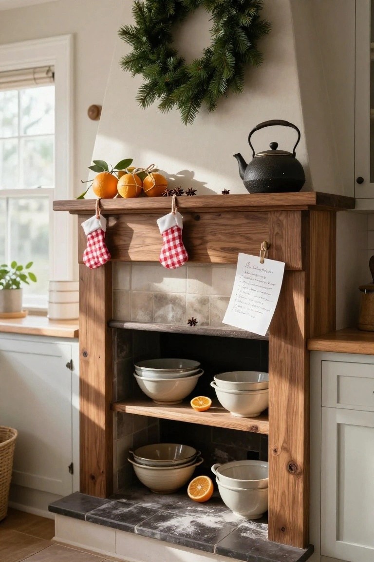 Wooden fireplace mantel in a kitchen decorated for Christmas with an evergreen wreath above, oranges tied with twine and star anise on top, red and white checkered stockings hanging from it, a handwritten shopping list clipped to the side, white bowls with oranges on shelves below, a black kettle nearby, and soft natural light from windows.