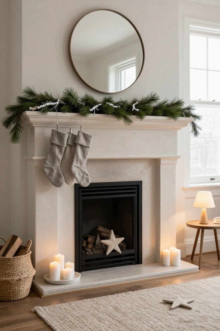 Light beige stone fireplace mantel with black firebox containing logs and paper star ornaments, decorated with green pine garland draped along the top and around a brass round mirror above, two hanging gray linen Christmas stockings, white pillar candles on a white plate at the front, a wicker basket of firewood to the side, and a small wood side table with lamp nearby in a neutral room.