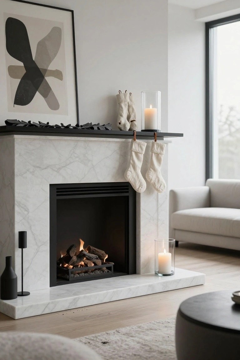 White marble fireplace mantel with two white knit Christmas stockings hanging from leather straps, flanked by white candles in glass holders, black leafy garland above, gas logs burning inside, neutral sofa and furniture in a light modern living room.